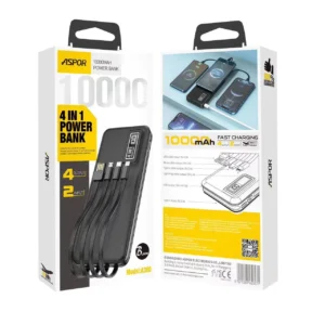 Aspor A300 power bank, 10,000mAh Li-Polymer battery, 4-in-1 built-in cables, fast charging power bank, portable charger, universal compatibility