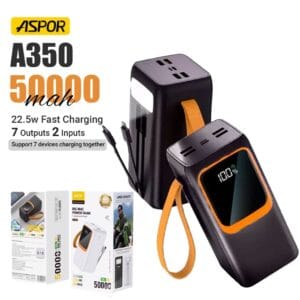 Aspor A350 power bank, 50000mAh fast charging, 22.5W PD power bank, built-in flashlight, 7-output portable charger, Type-C power bank, high-capacity power bank