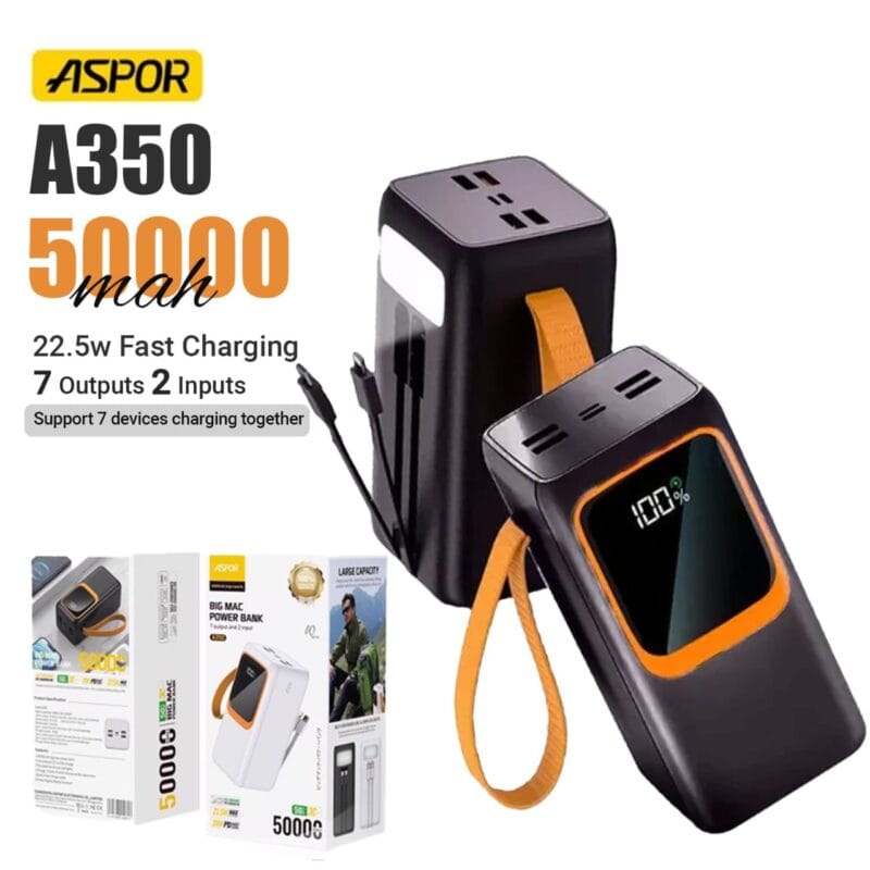 Aspor A350 power bank, 50000mAh fast charging, 22.5W PD power bank, built-in flashlight, 7-output portable charger, Type-C power bank, high-capacity power bank