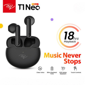 Itel T1 Neo earbuds, Bluetooth 5.1 wireless earbuds, 18-hour playback, 13.4mm bass boost drivers, IPX5 water-resistant earbuds, touch control earbuds, noise-canceling earbuds