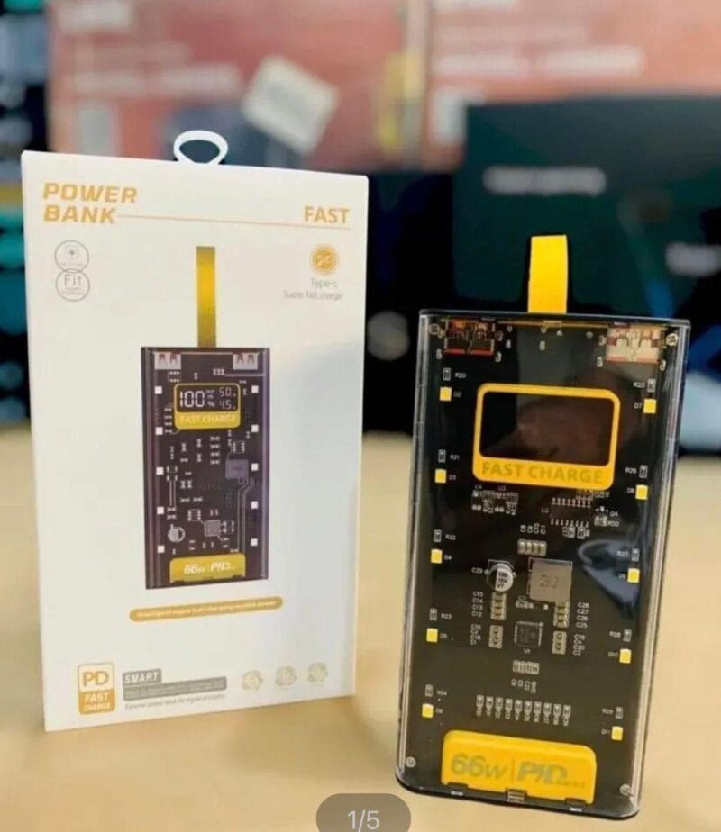 20000mAh transparent power bank, PD 66W fast charging, LED display power bank, side LED lights, USB-C power bank, dual USB output, portable charger, transparent body power bank